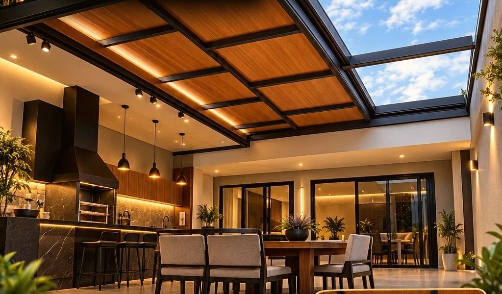 Área gourmet com cobertura retrátil de madeira e aço aberta para o céu