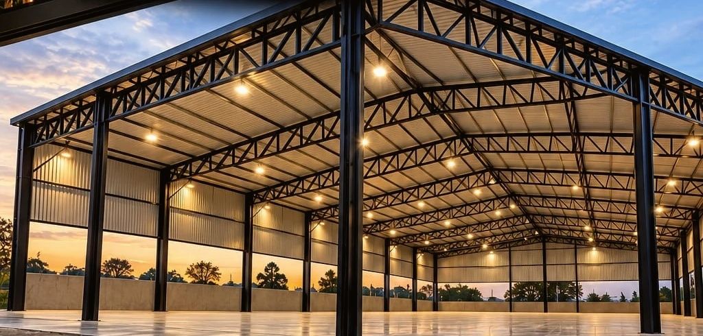 Pavilhão metálico com treliças de aço e iluminação ao entardecer